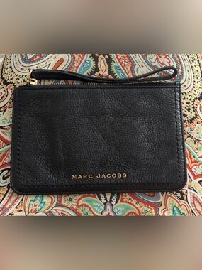 Marc Jacobs Black Pebbled Leather Wristlet with Gold Logo